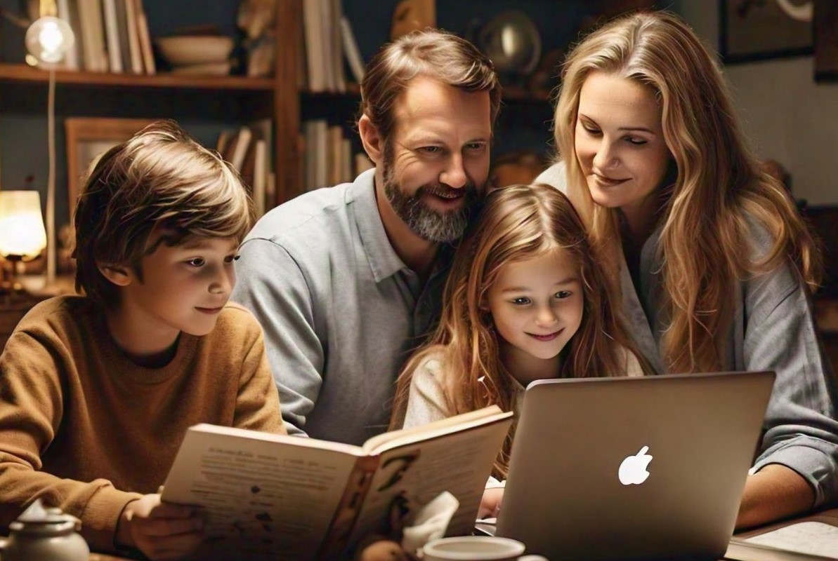 padres e hijos viendo un notebook